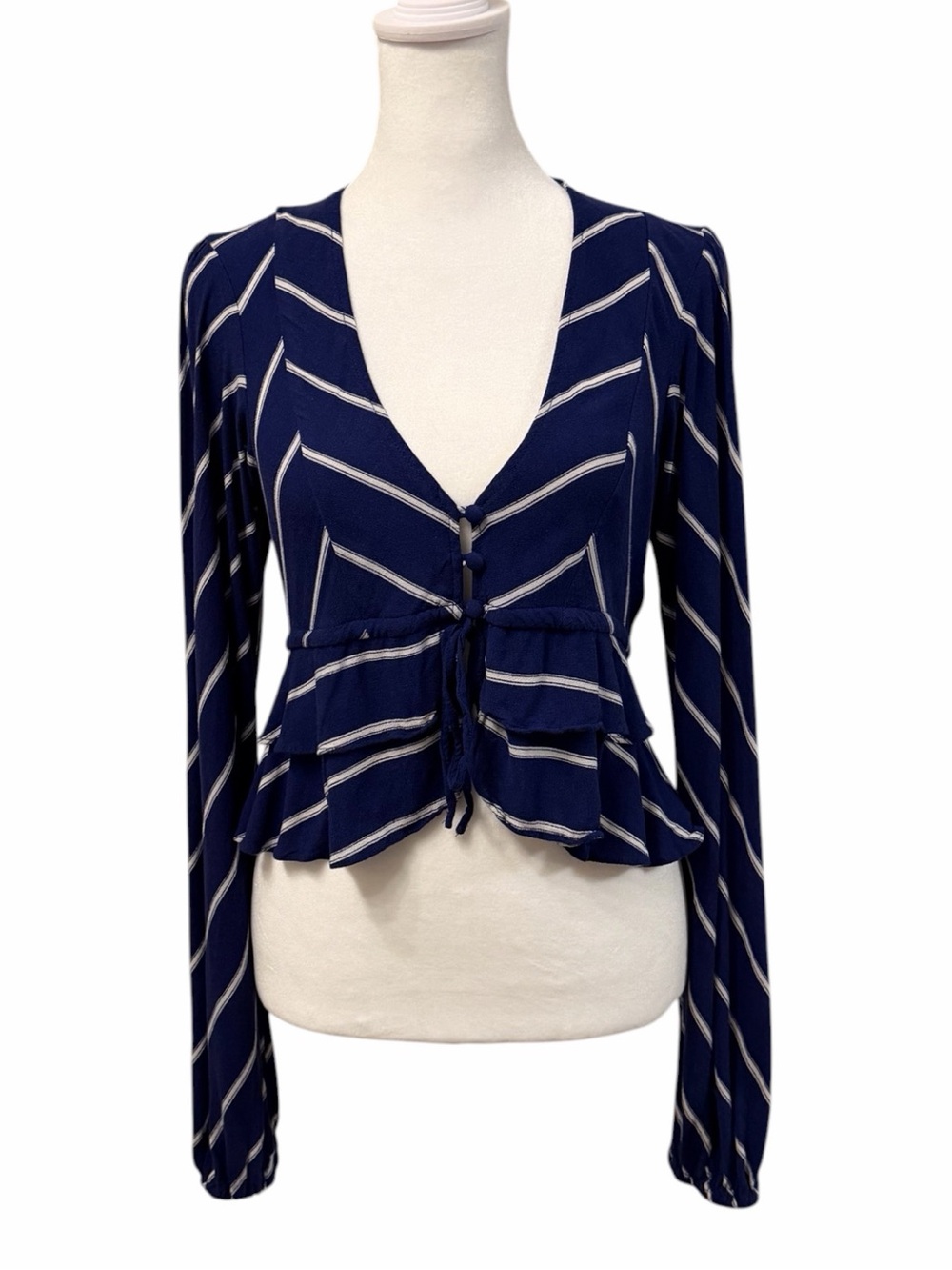 Free People Navy & White Chevron Tie-Front Peplum Blouse